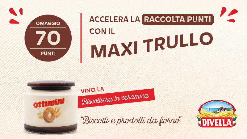 <div class='thumb_wid'><img src='https://www.divella.it/wp-content/uploads/2023/05/maxi-trullo-punti-divella.png'></div><div class='rightwid'><div class='datel'>19 Maggio 2023</div> Arriva il coupon Maxi Trullo: +70 punti omaggio per vincere la Biscottiera Divella!</div>